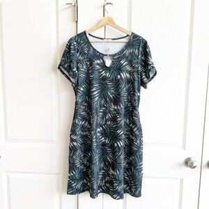 HOTOUCH Dress Women XL Green Palm Print T-Shirt Dress With Pockets Summer Resort